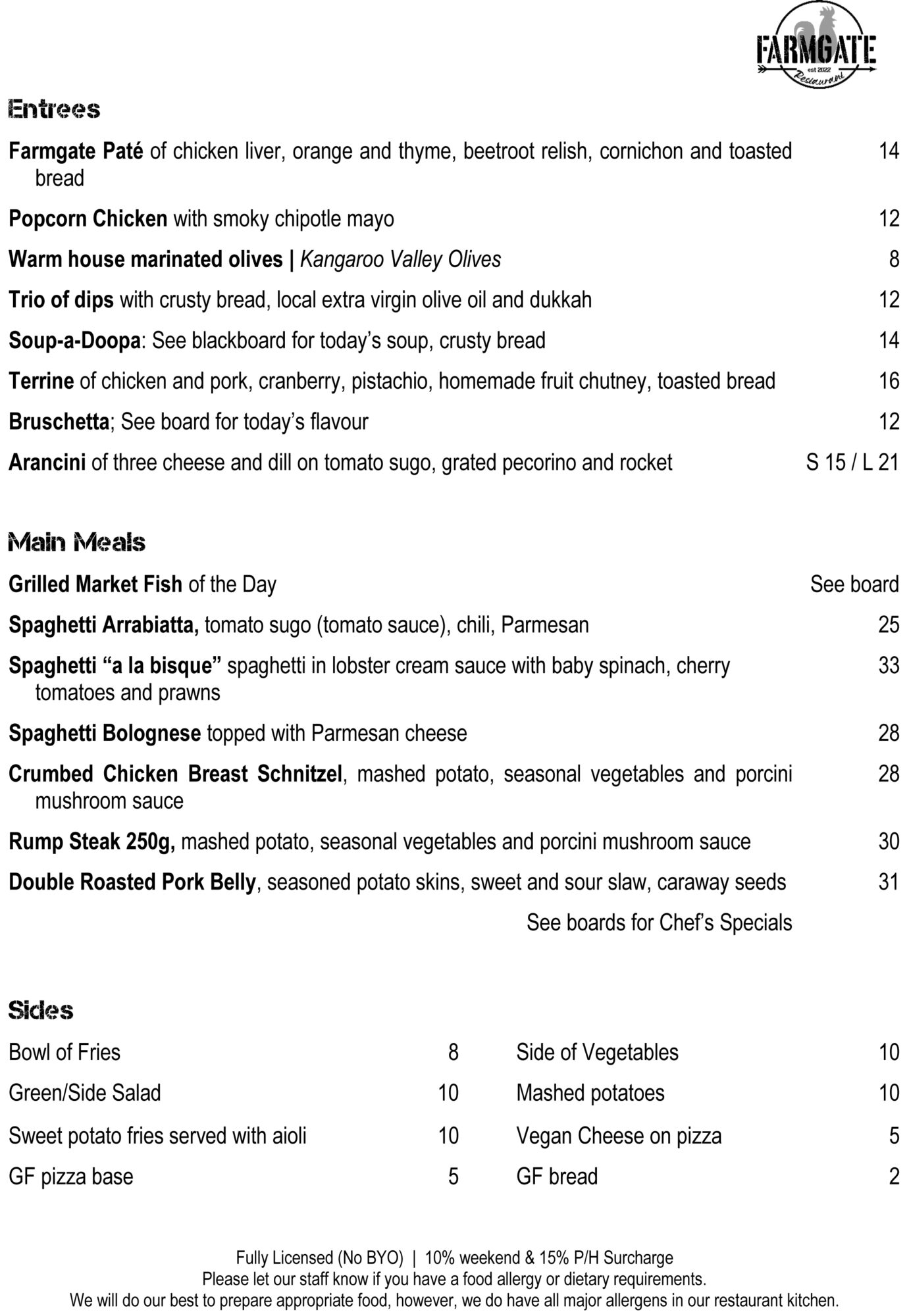 Menus Farmgate Restaurant